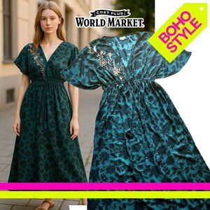 World Market Blue Dolman Sleeve V-Neck Boho Maxi Dress | Adjustable waist